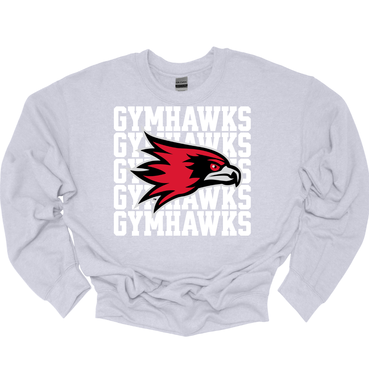Gray sweatshirt with red and black hawk logo and 'GYMHAWKS' text on a white background
