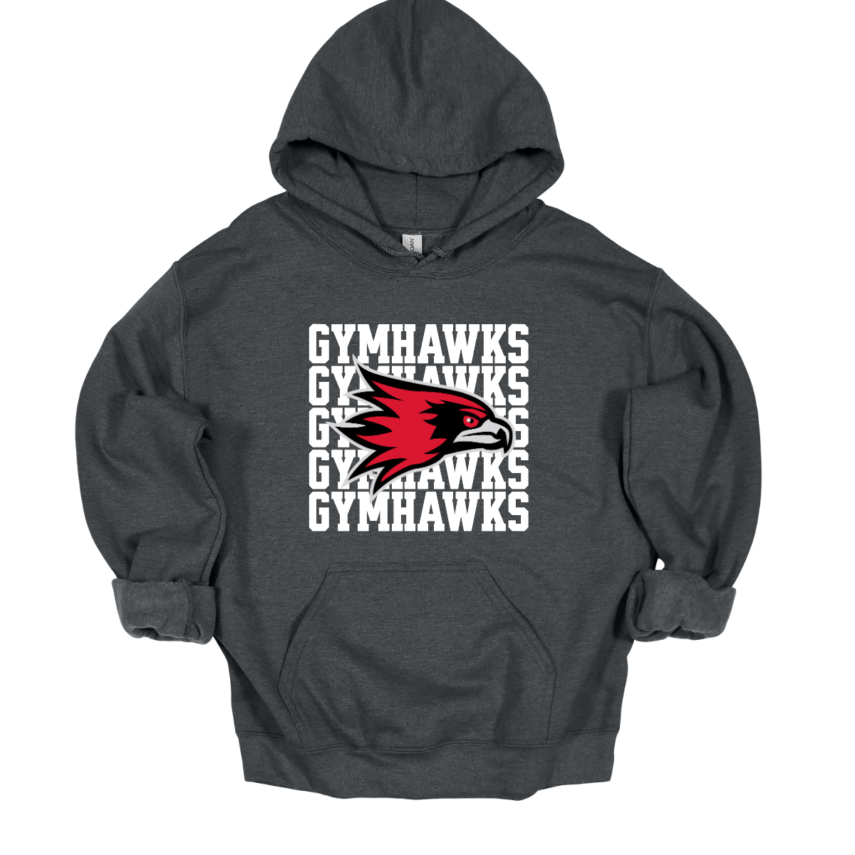 Dark gray hoodie with 'Gymhawks' logo on a white background