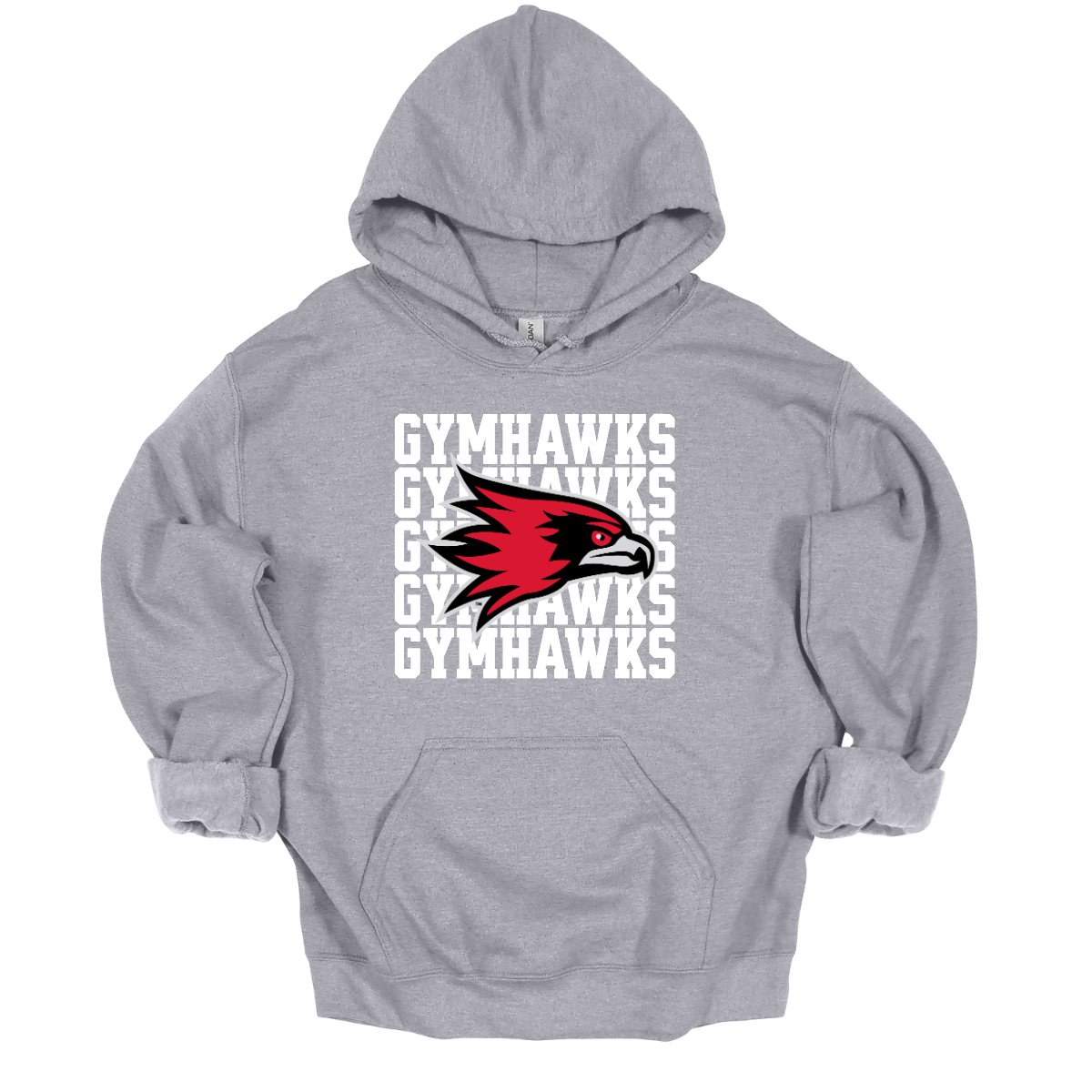 Gray hoodie with red and black hawk logo and 'GYMHAWS' text on a white background