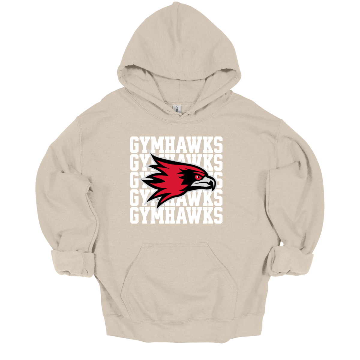Beige hoodie with red and black hawk logo and 'GYMHAWS' text on a white background