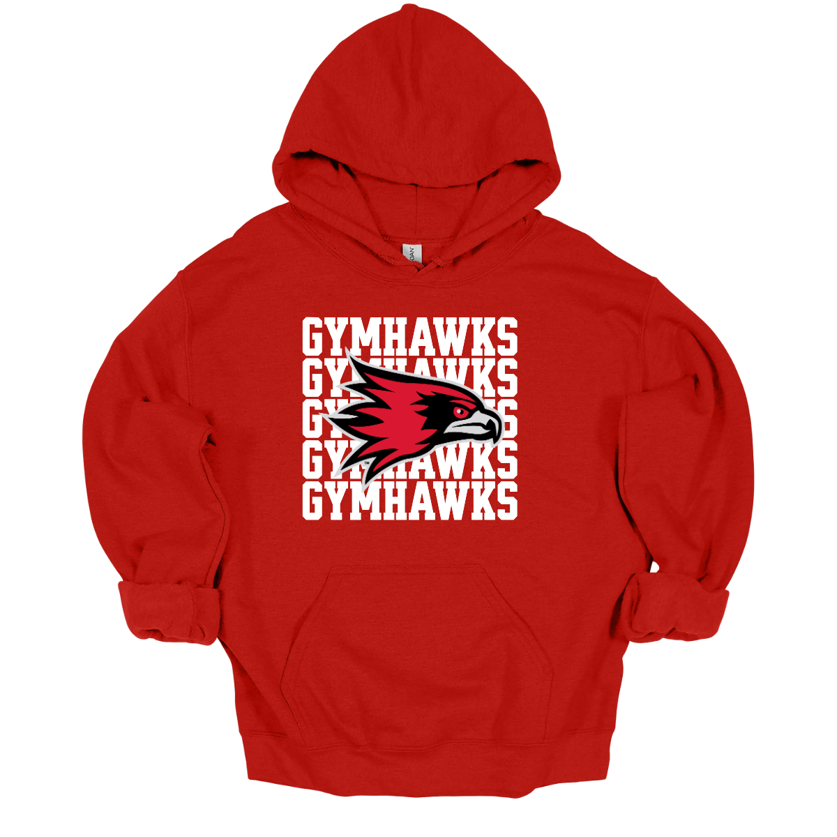 Red hoodie with 'GYMHAWKS' text and logo on a white background