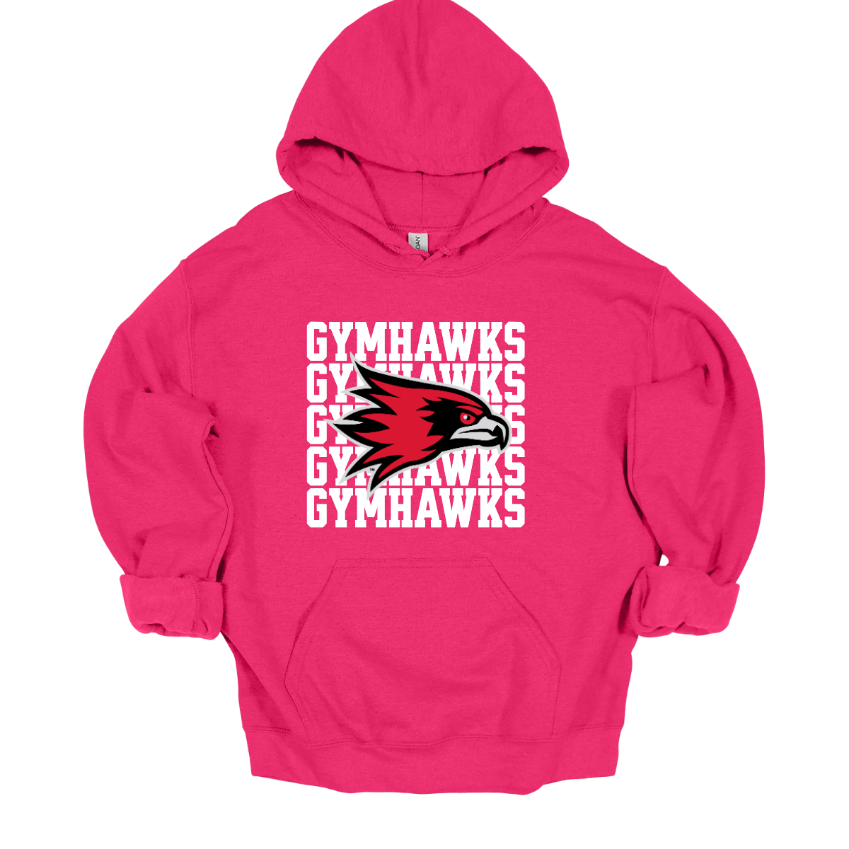 Pink hoodie with 'Gymhawks' logo on a white background