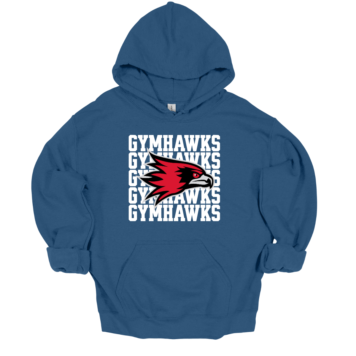 Blue hoodie with 'Gymhawks' logo on a white background