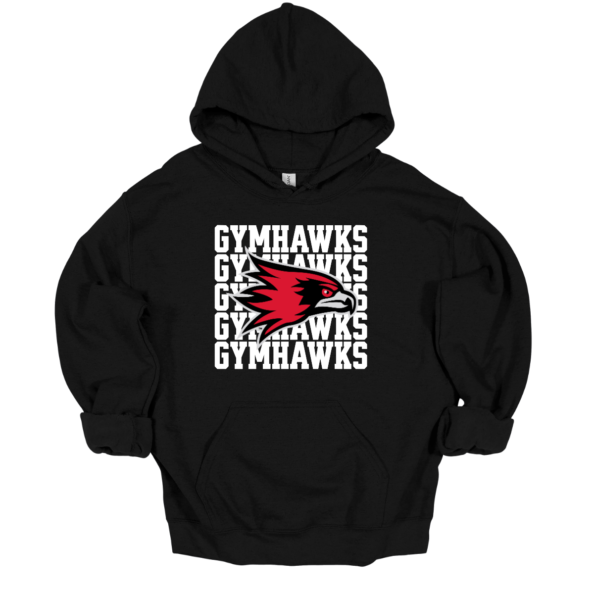 Black hoodie with 'Gymhawks' logo on a white background