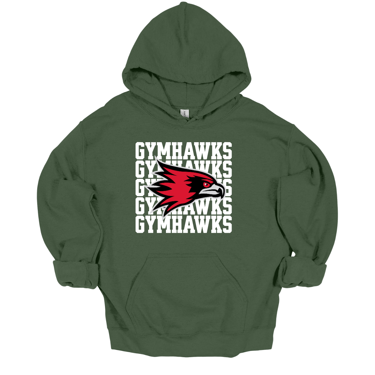 Green hoodie with 'Gymhawks' logo on a white background