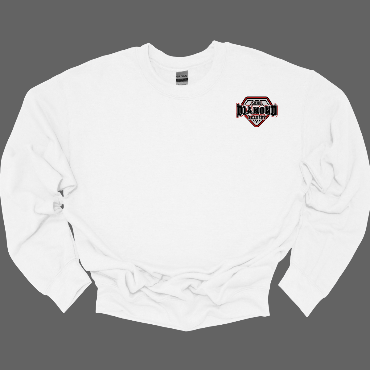 White sweatshirt with a "SEMO Diamond Academy" logo on the chest against a gray background