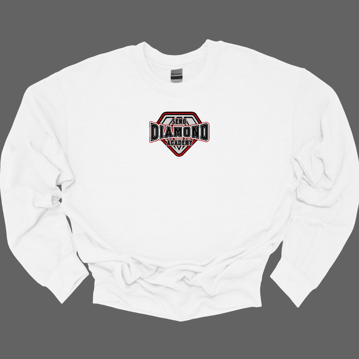 White sweatshirt with a "SEMO Diamond Academy" logo on a gray background