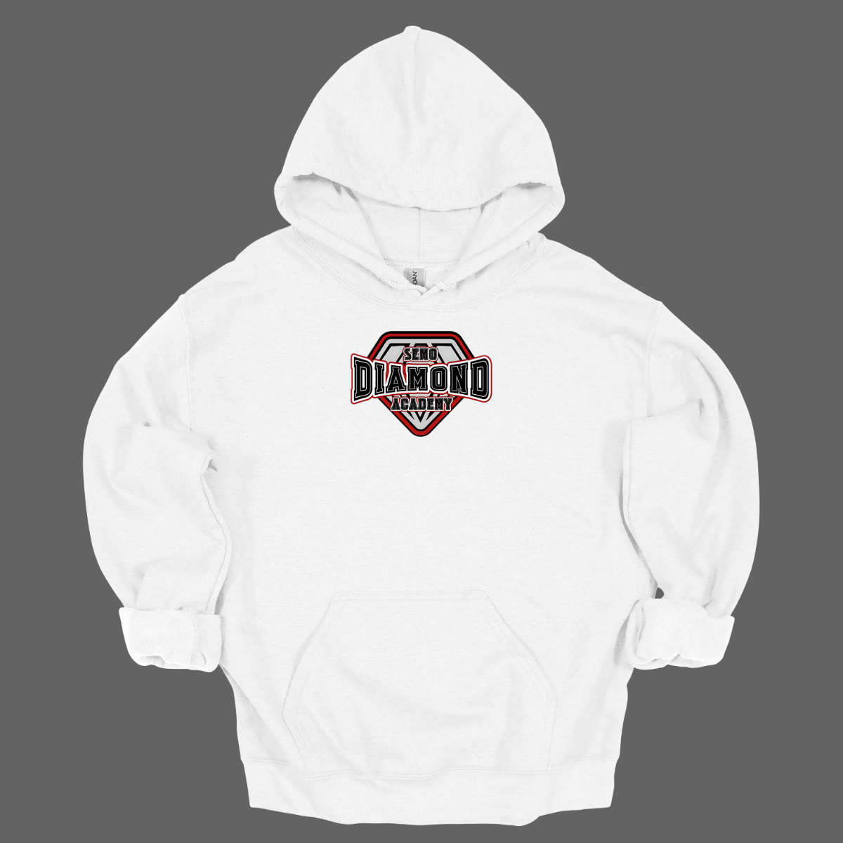 White hoodie with a "SEMO Diamond Academy" logo on a gray background