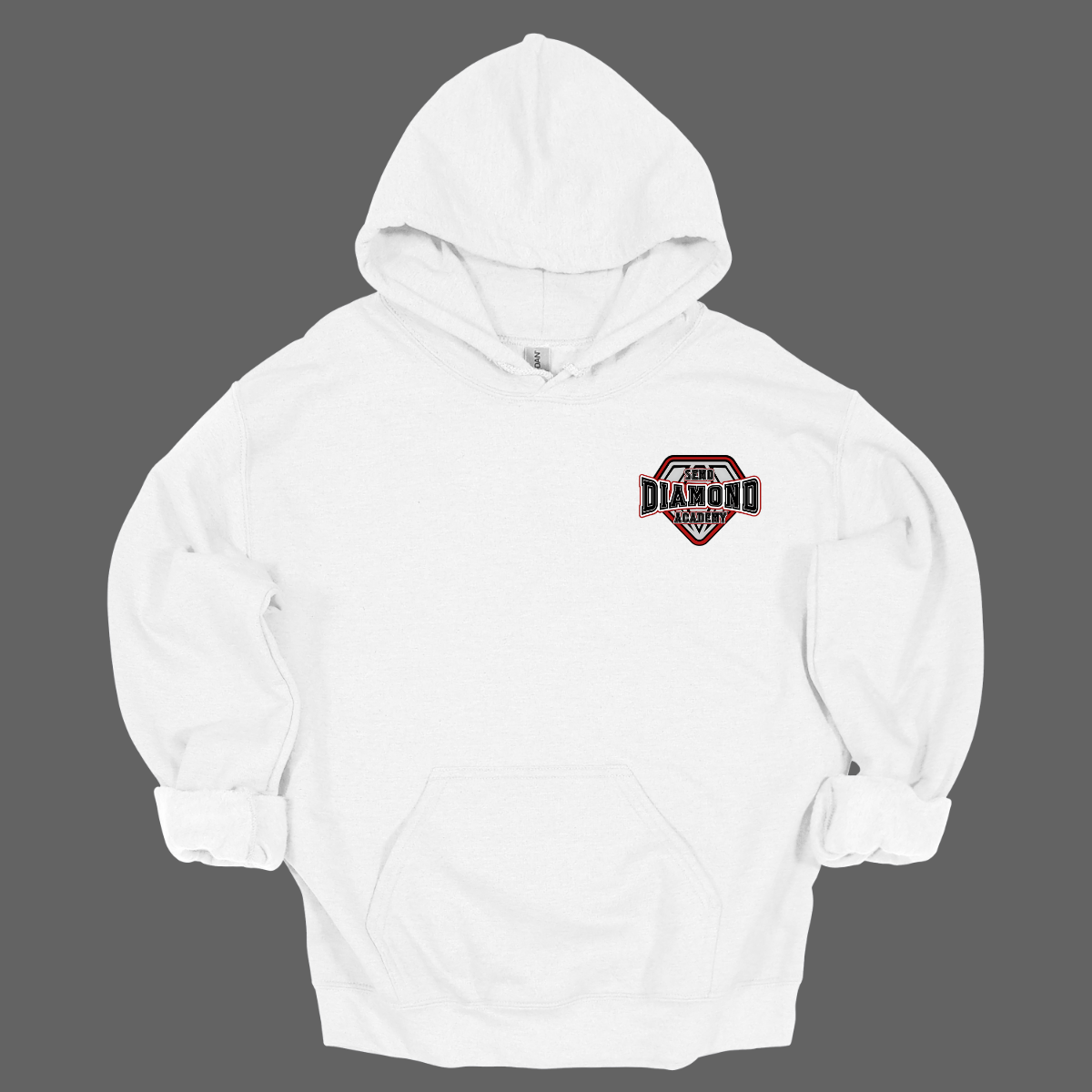 White hoodie with a "SEMO Diamond Academy" logo on the chest against a gray background