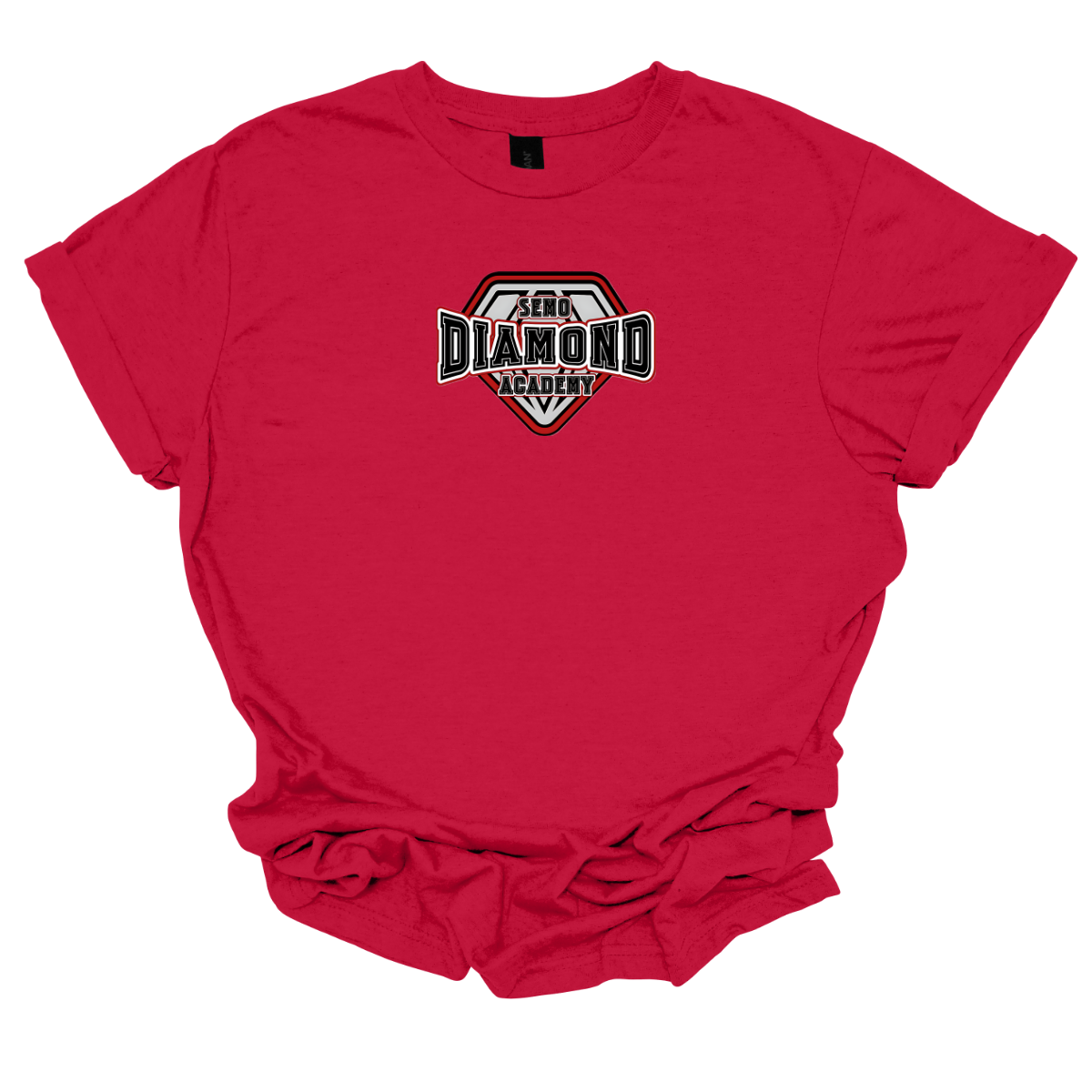Red t-shirt with 'SEMO Diamond Academy' logo on a white background