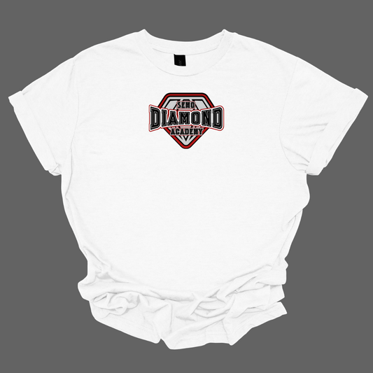 White t-shirt with a red and black SEMO  Diamond Academy logo on a gray background