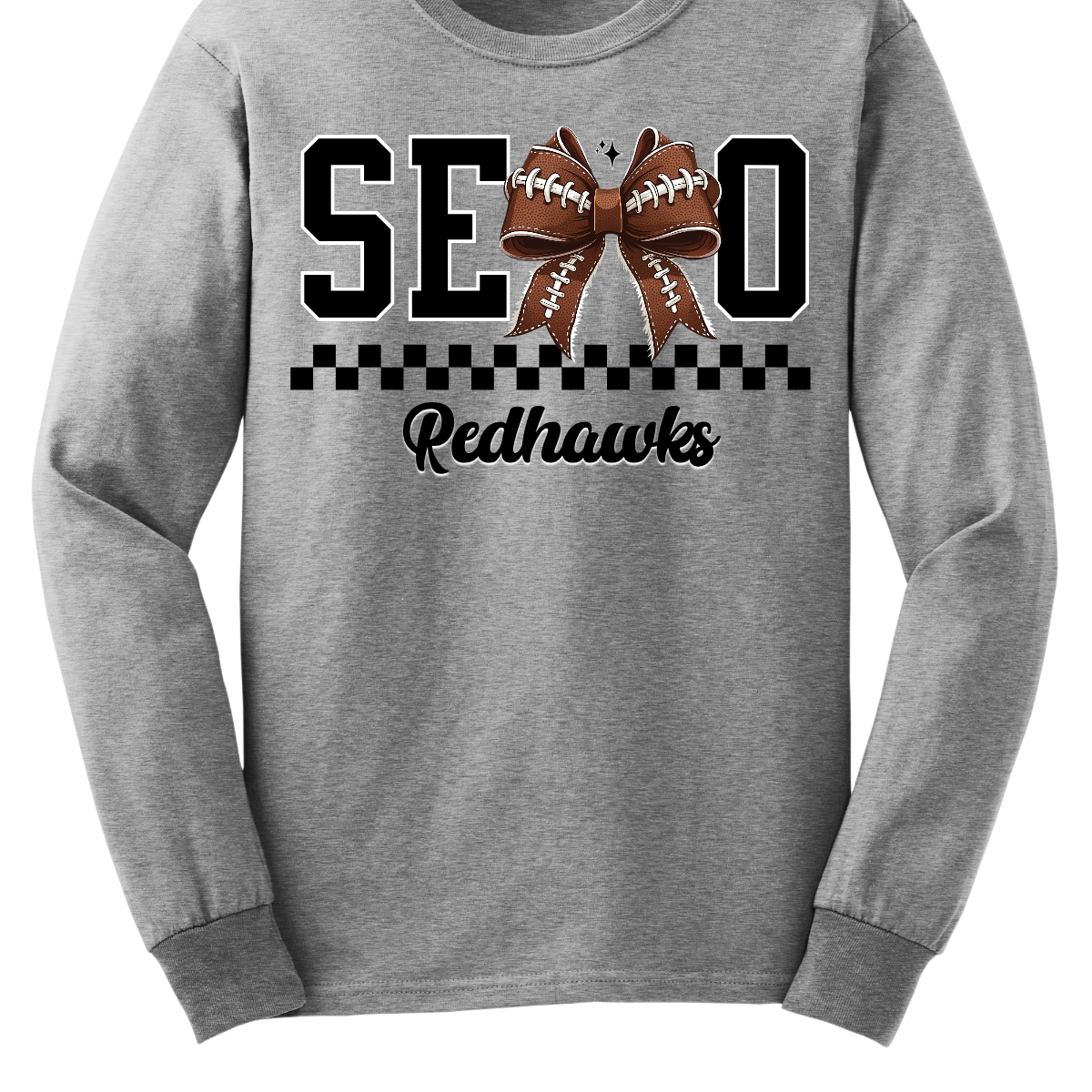 Gear up your Redhawk fan with our stylish youth SEMO apparel, available in short/ long sleeve, crewneck, and hoodie options! Featuring bold black SEMO lettering with a creative twist—the letter M is playfully replaced by a croquette football bow, adding a fun, sporty vibe. A sleek checkerboard underline ties the look together, while "Redhawks" is written in a stylish cursive script for the perfect finishing touch.
Shop at Gorgeousware.com today!
