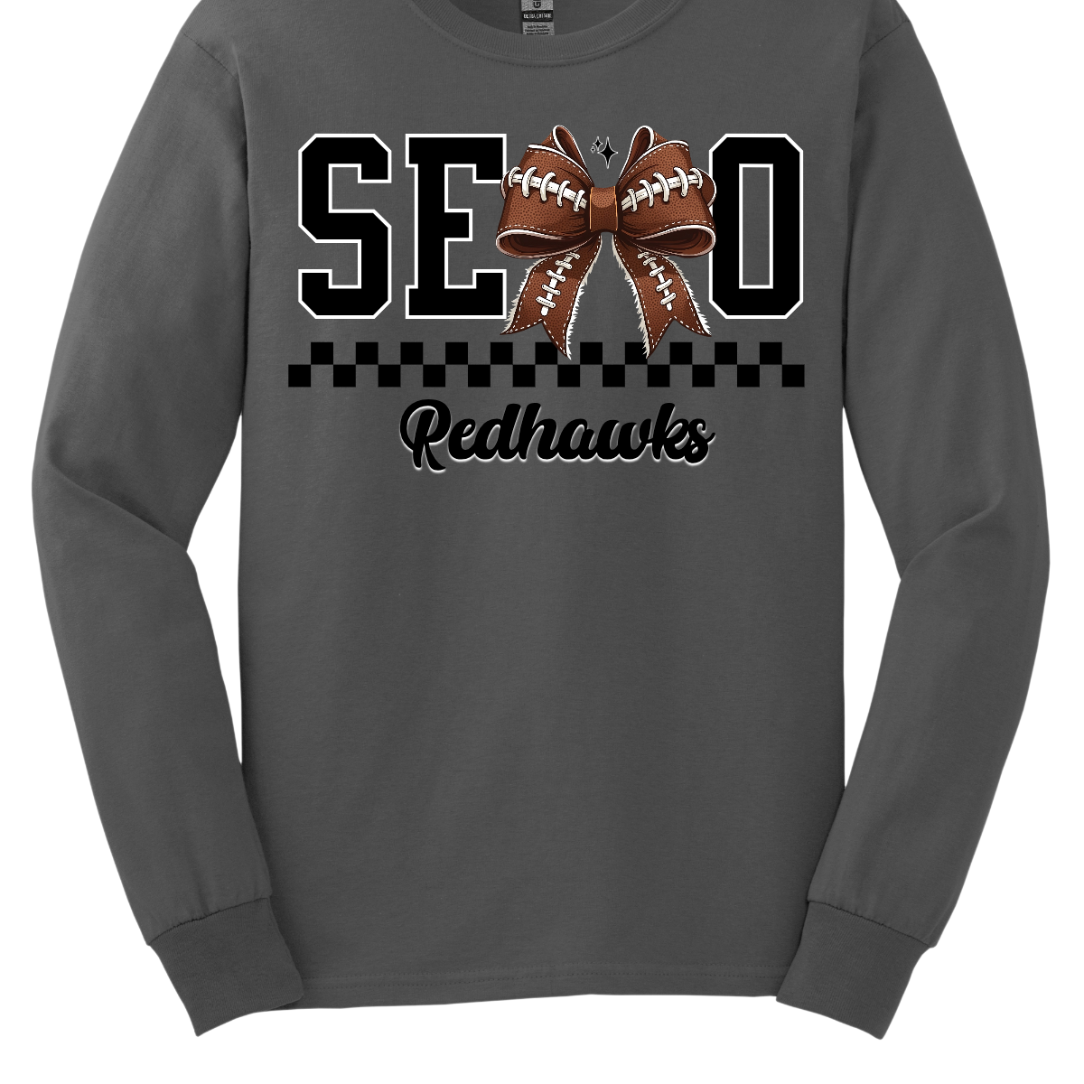 Bold black SEMO lettering with a football bow replacing the “M,” checkerboard underline, and “Redhawks” in sleek cursive. Available in short and long sleeves—perfect for game day or everyday wear! 
Shop at Gorgeousware.com today!
