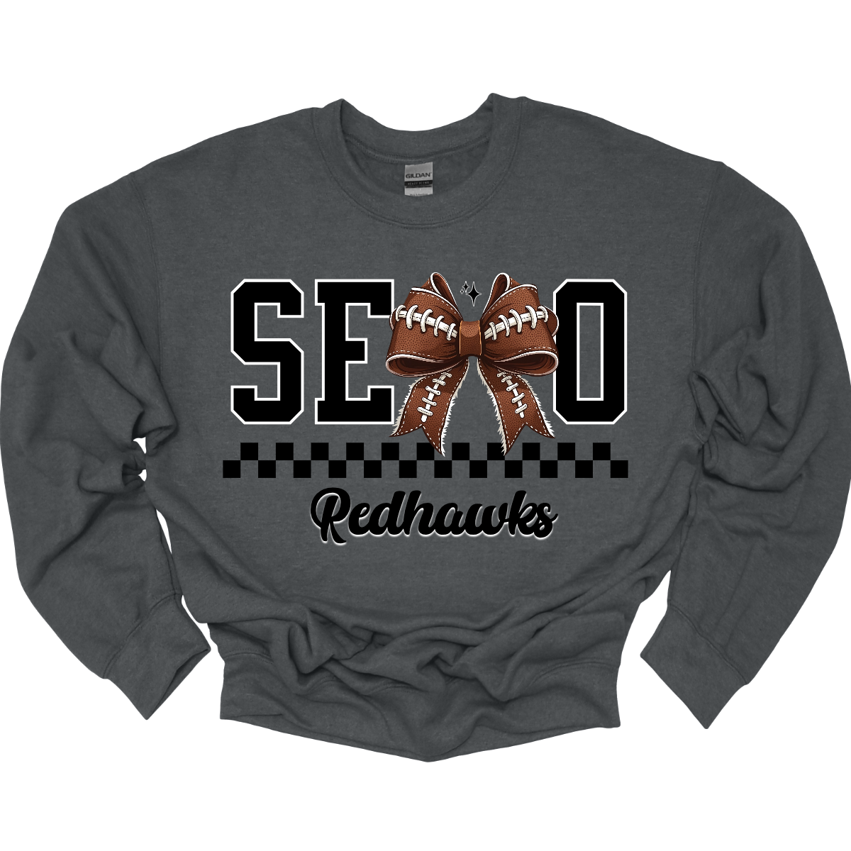Bold black SEMO lettering with a football bow replacing the “M,” checkerboard underline, and “Redhawks” in sleek cursive. Available in crewneck and hoodie—perfect for game day or everyday wear! 
Shop at Gorgeousware.com today!
