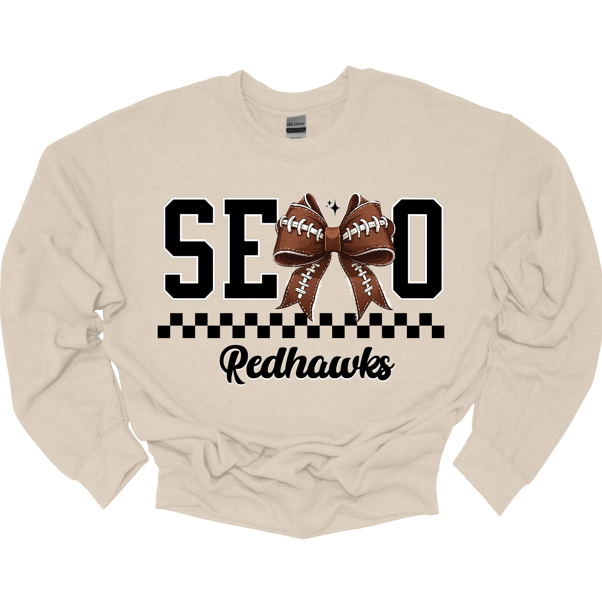 Bold black SEMO lettering with a football bow replacing the “M,” checkerboard underline, and “Redhawks” in sleek cursive. Available in crewneck and hoodie—perfect for game day or everyday wear! 
Shop at Gorgeousware.com today!

