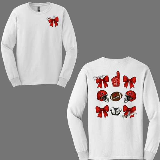 This SEMO Football Bow Grid design is available in short and long sleeve options.
Front Design: A chic red croquette bow sits on the upper left chest, accented with bold white “SEMO” lettering.
Back Design: A playful grid layout showcases an exciting mix of Redhawk game-day icons—red croquette bows, SEMO football helmets, sturdy shoulder pads, and the classic #1 foam hand—all celebrating SEMO’s winning spirit.
Shop at Gorgeousware.com today!
