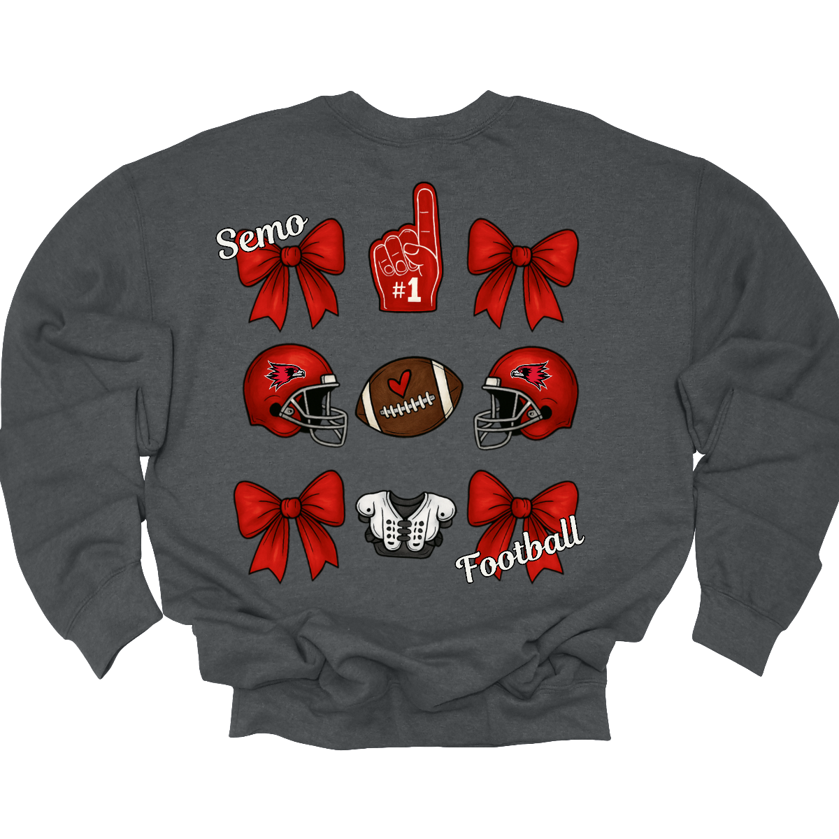 This SEMO Football Bow Grid design is available in crewneck, and hoodie options.
Front Design: A chic red croquette bow sits on the upper left chest, accented with bold white “SEMO” lettering.
Back Design: A playful grid layout showcases an exciting mix of Redhawk game-day icons—red croquette bows, SEMO football helmets, sturdy shoulder pads, and the classic #1 foam hand—all celebrating SEMO’s winning spirit.
Shop at Gorgeousware.com today!
