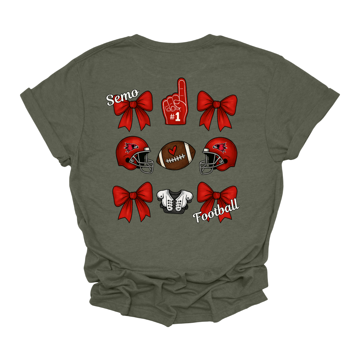 This SEMO Football Bow Grid design is available in short and long sleeve options.
Front Design: A chic red croquette bow sits on the upper left chest, accented with bold white “SEMO” lettering.
Back Design: A playful grid layout showcases an exciting mix of Redhawk game-day icons—red croquette bows, SEMO football helmets, sturdy shoulder pads, and the classic #1 foam hand—all celebrating SEMO’s winning spirit.
Shop at Gorgeousware.com today!
