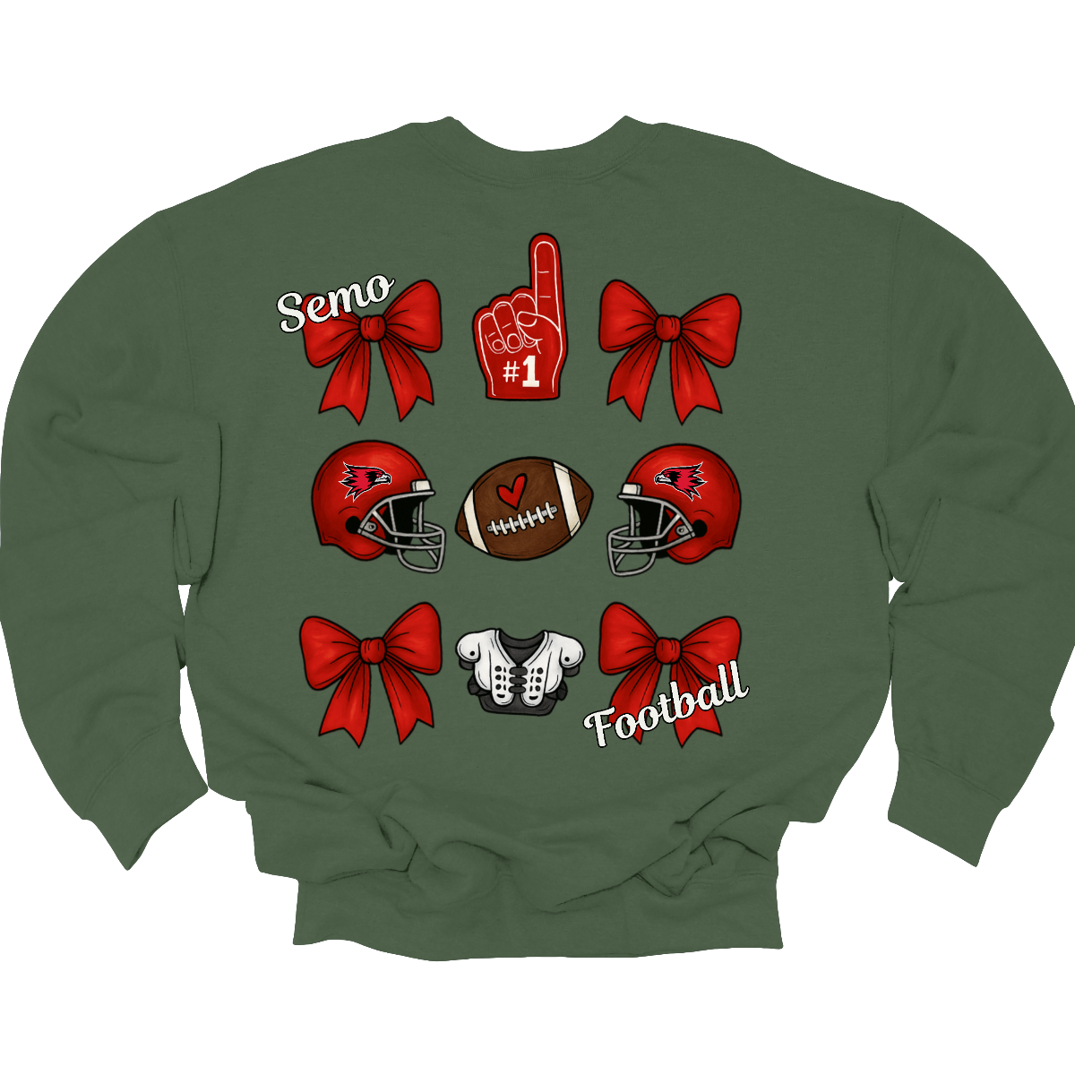 This SEMO Football Bow Grid design is available in crewneck, and hoodie options.
Front Design: A chic red croquette bow sits on the upper left chest, accented with bold white “SEMO” lettering.
Back Design: A playful grid layout showcases an exciting mix of Redhawk game-day icons—red croquette bows, SEMO football helmets, sturdy shoulder pads, and the classic #1 foam hand—all celebrating SEMO’s winning spirit.
Shop at Gorgeousware.com today!
