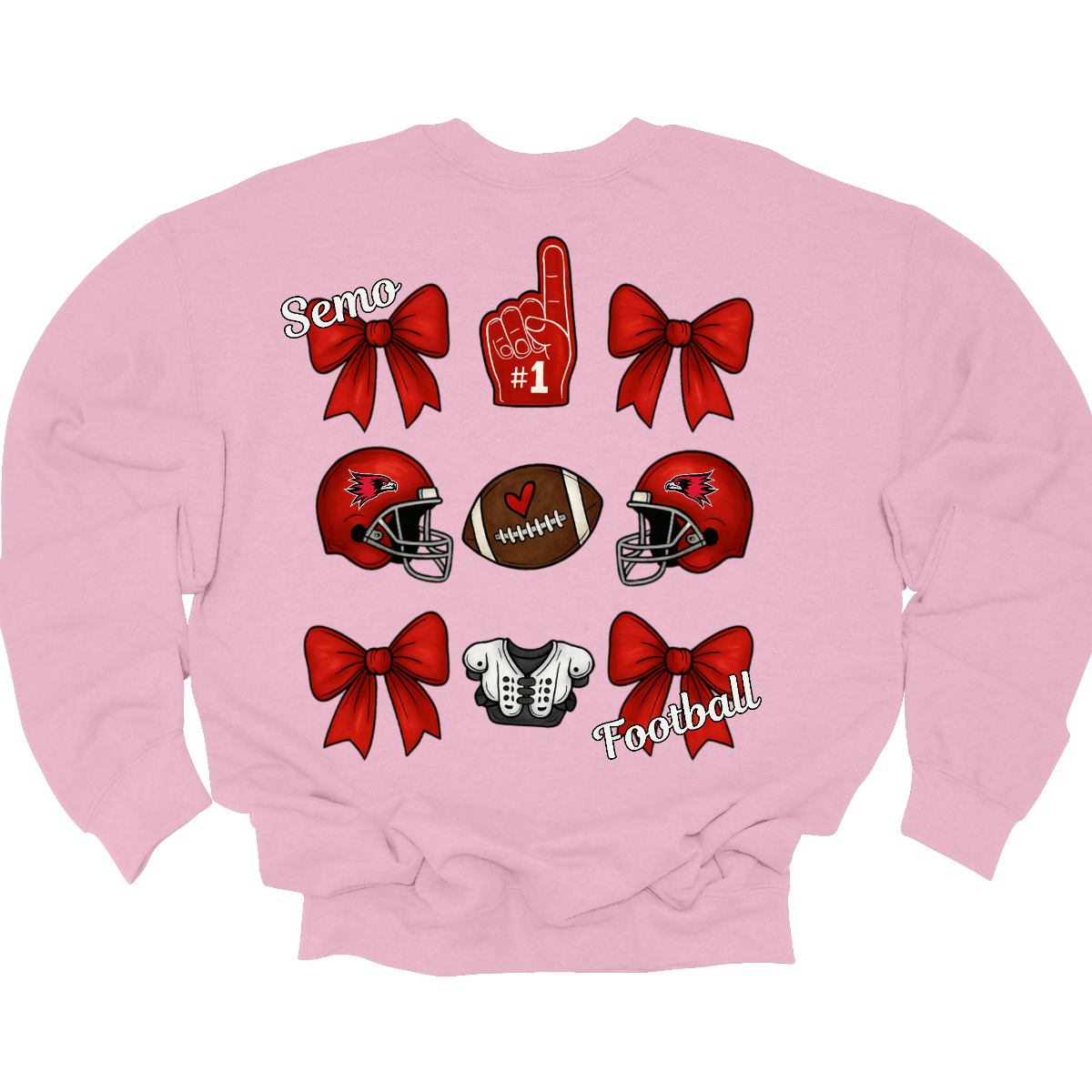 This SEMO Football Bow Grid design is available in crewneck, and hoodie options.
Front Design: A chic red croquette bow sits on the upper left chest, accented with bold white “SEMO” lettering.
Back Design: A playful grid layout showcases an exciting mix of Redhawk game-day icons—red croquette bows, SEMO football helmets, sturdy shoulder pads, and the classic #1 foam hand—all celebrating SEMO’s winning spirit.
Shop at Gorgeousware.com today!
