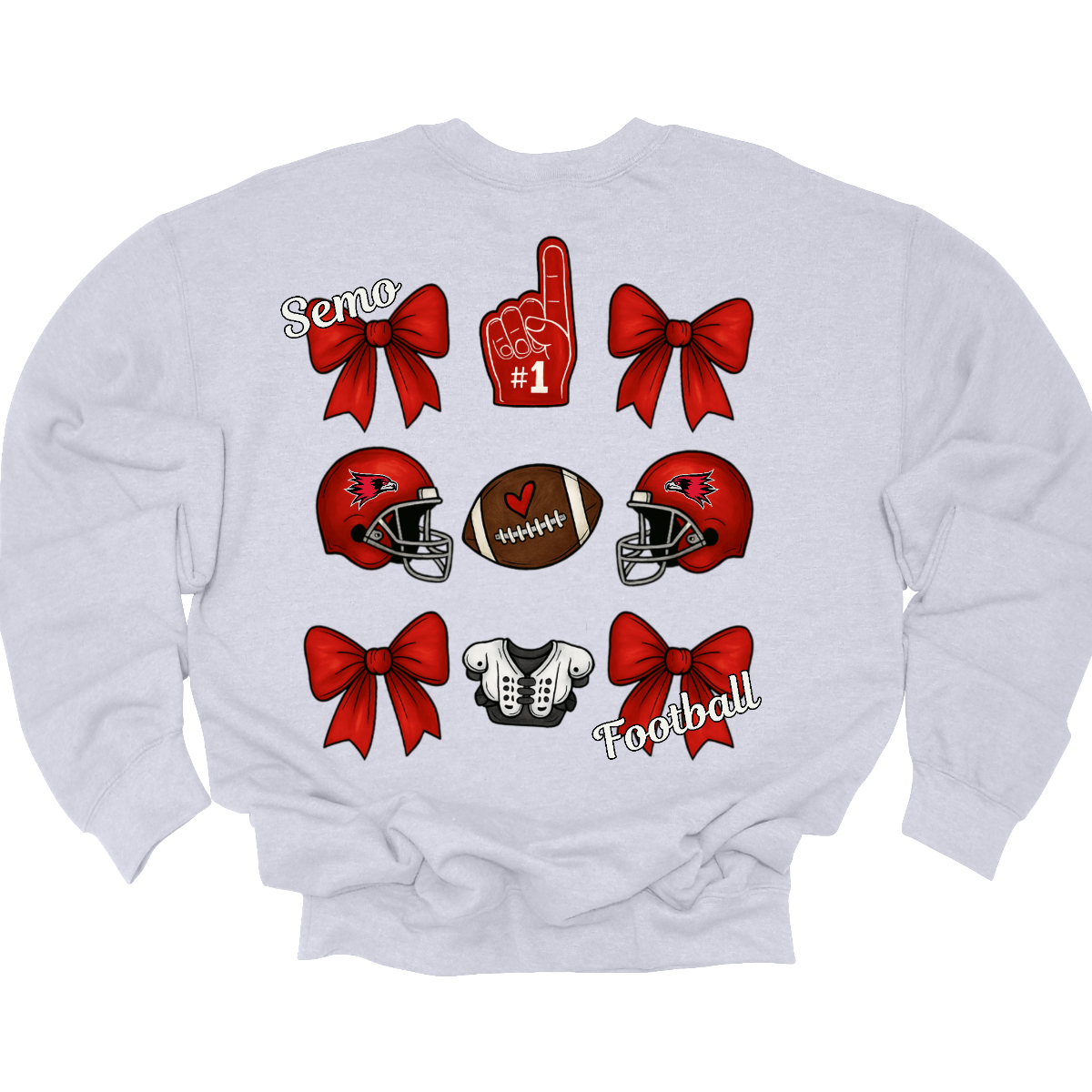 This SEMO Football Bow Grid design is available in youth sizes across short sleeve, long sleeve, crewneck, and hoodie options.
Front Design: A chic red croquette bow sits on the upper left chest, accented with bold white “SEMO” lettering.
Back Design: A playful grid layout showcases an exciting mix of Redhawk game-day icons—red croquette bows, SEMO football helmets, sturdy shoulder pads, and the classic #1 foam hand—all celebrating SEMO’s winning spirit.
Shop at Gorgeousware.com today!
