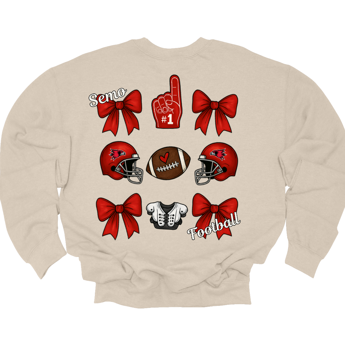 This SEMO Football Bow Grid design is available in crewneck, and hoodie options.
Front Design: A chic red croquette bow sits on the upper left chest, accented with bold white “SEMO” lettering.
Back Design: A playful grid layout showcases an exciting mix of Redhawk game-day icons—red croquette bows, SEMO football helmets, sturdy shoulder pads, and the classic #1 foam hand—all celebrating SEMO’s winning spirit.
Shop at Gorgeousware.com today!
