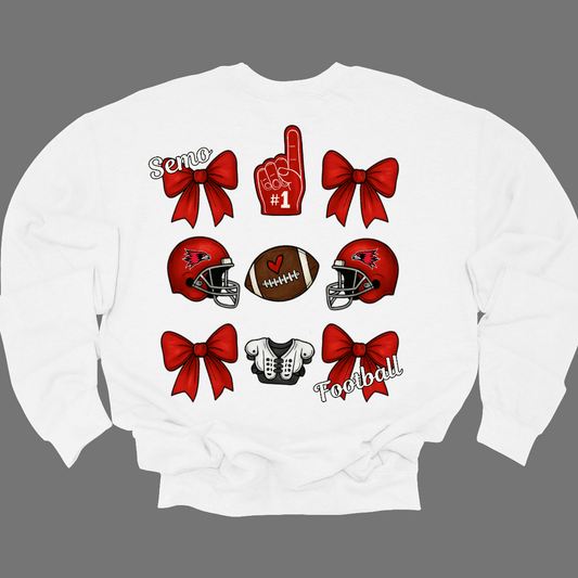 This SEMO Football Bow Grid design is available in youth sizes across short sleeve, long sleeve, crewneck, and hoodie options.
Front Design: A chic red croquette bow sits on the upper left chest, accented with bold white “SEMO” lettering.
Back Design: A playful grid layout showcases an exciting mix of Redhawk game-day icons—red croquette bows, SEMO football helmets, sturdy shoulder pads, and the classic #1 foam hand—all celebrating SEMO’s winning spirit.
Shop at Gorgeousware.com today!
