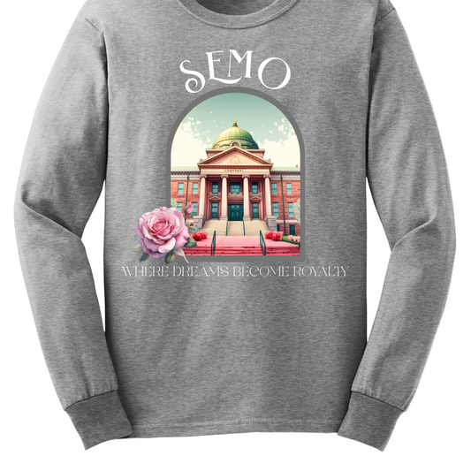 Gray sweatshirt with a graphic of a building and pink rose, featuring 'SEMO' and 'Where Dreams Become Royalty'. Shop at Gorgeousware.com