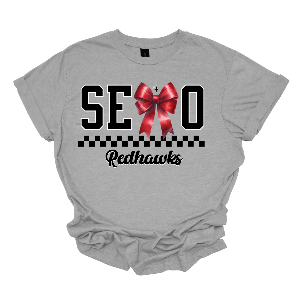 Show off your SEMO pride in style with this trendy short/long sleeve t-shirt! Featuring the bold letters "SEMO," where the "M" is cleverly replaced by a stylish red croquette bow, this shirt adds a unique twist to your wardrobe. Underneath, a playful checkerboard stripe adds a fun touch, while "Redhawks" is elegantly written in a cute cursive font, bringing a touch of flair.  Get ready to turn heads and express your school spirit! Shop at Gorgeousware.com