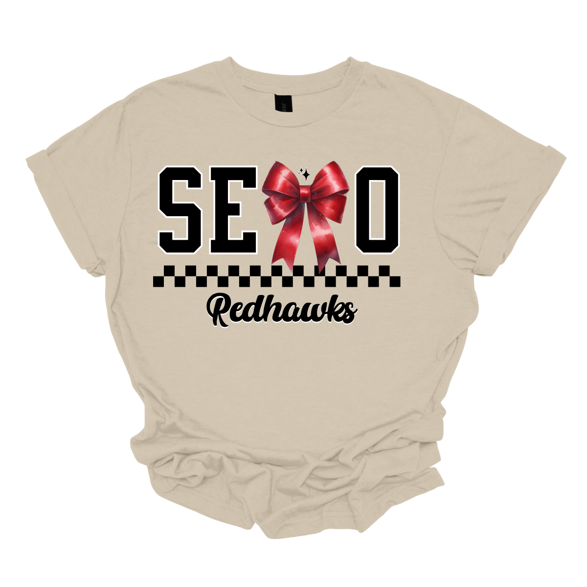 Show off your SEMO pride in style with this trendy short/long sleeve t-shirt! Featuring the bold letters "SEMO," where the "M" is cleverly replaced by a stylish red croquette bow, this shirt adds a unique twist to your wardrobe. Underneath, a playful checkerboard stripe adds a fun touch, while "Redhawks" is elegantly written in a cute cursive font, bringing a touch of flair.  Get ready to turn heads and express your school spirit! Shop at Gorgeousware.com