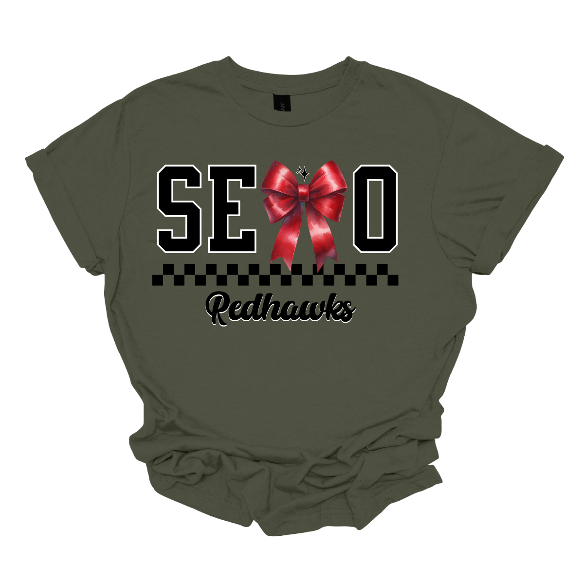 Show off your SEMO pride in style with this trendy short/long sleeve t-shirt! Featuring the bold letters "SEMO," where the "M" is cleverly replaced by a stylish red croquette bow, this shirt adds a unique twist to your wardrobe. Underneath, a playful checkerboard stripe adds a fun touch, while "Redhawks" is elegantly written in a cute cursive font, bringing a touch of flair.  Get ready to turn heads and express your school spirit! Shop at Gorgeousware.com