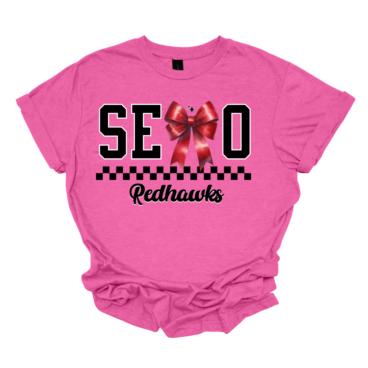 Show off your SEMO pride in style with this trendy short/long sleeve t-shirt! Featuring the bold letters "SEMO," where the "M" is cleverly replaced by a stylish red croquette bow, this shirt adds a unique twist to your wardrobe. Underneath, a playful checkerboard stripe adds a fun touch, while "Redhawks" is elegantly written in a cute cursive font, bringing a touch of flair.  Get ready to turn heads and express your school spirit! Shop at Gorgeousware.com