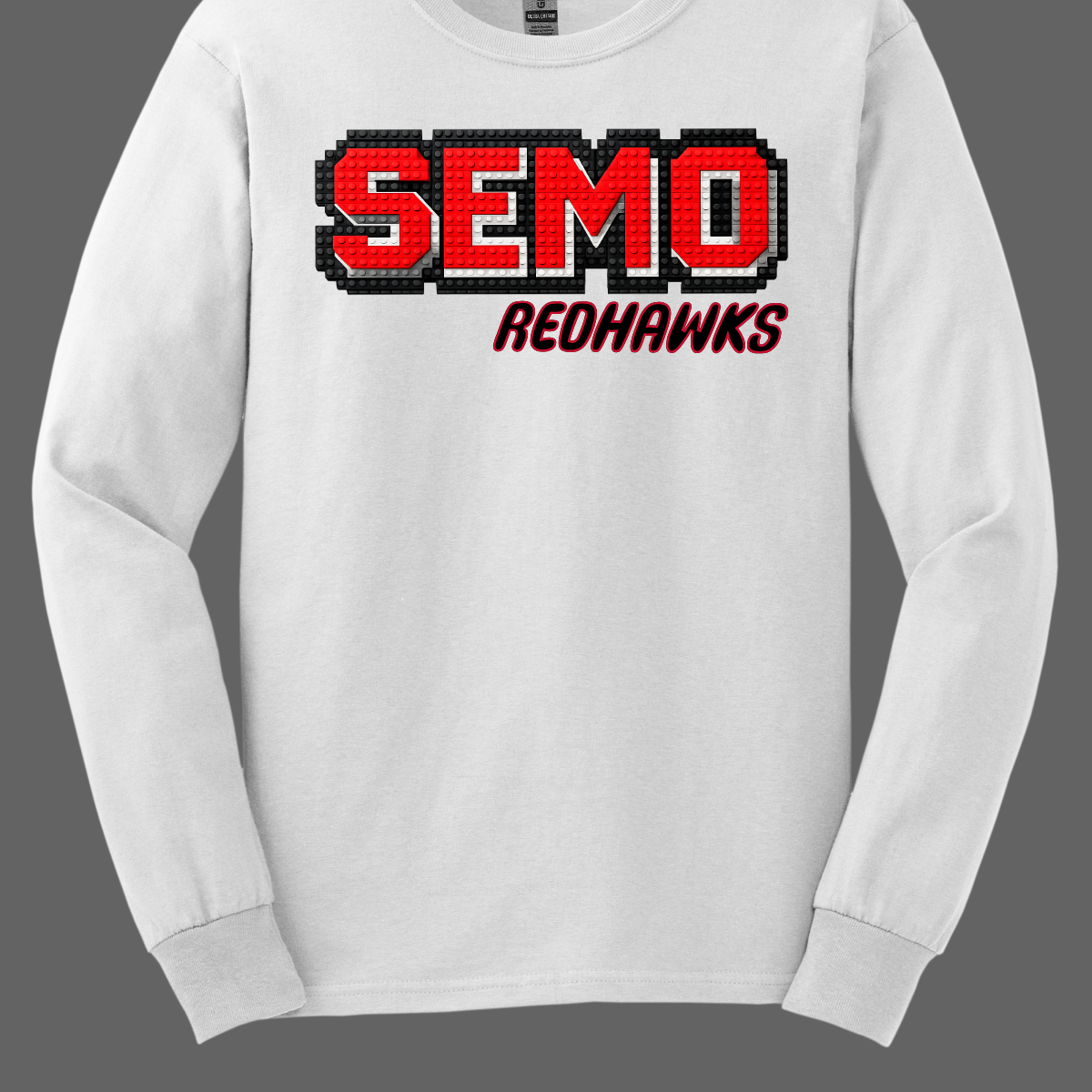 White long-sleeve shirt with 'SEMO RedHawks' text on a gray background