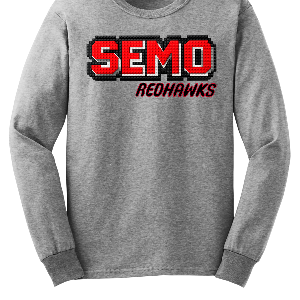 Gray long-sleeve shirt with 'SEMO Redhawks' text in red and black on a white background