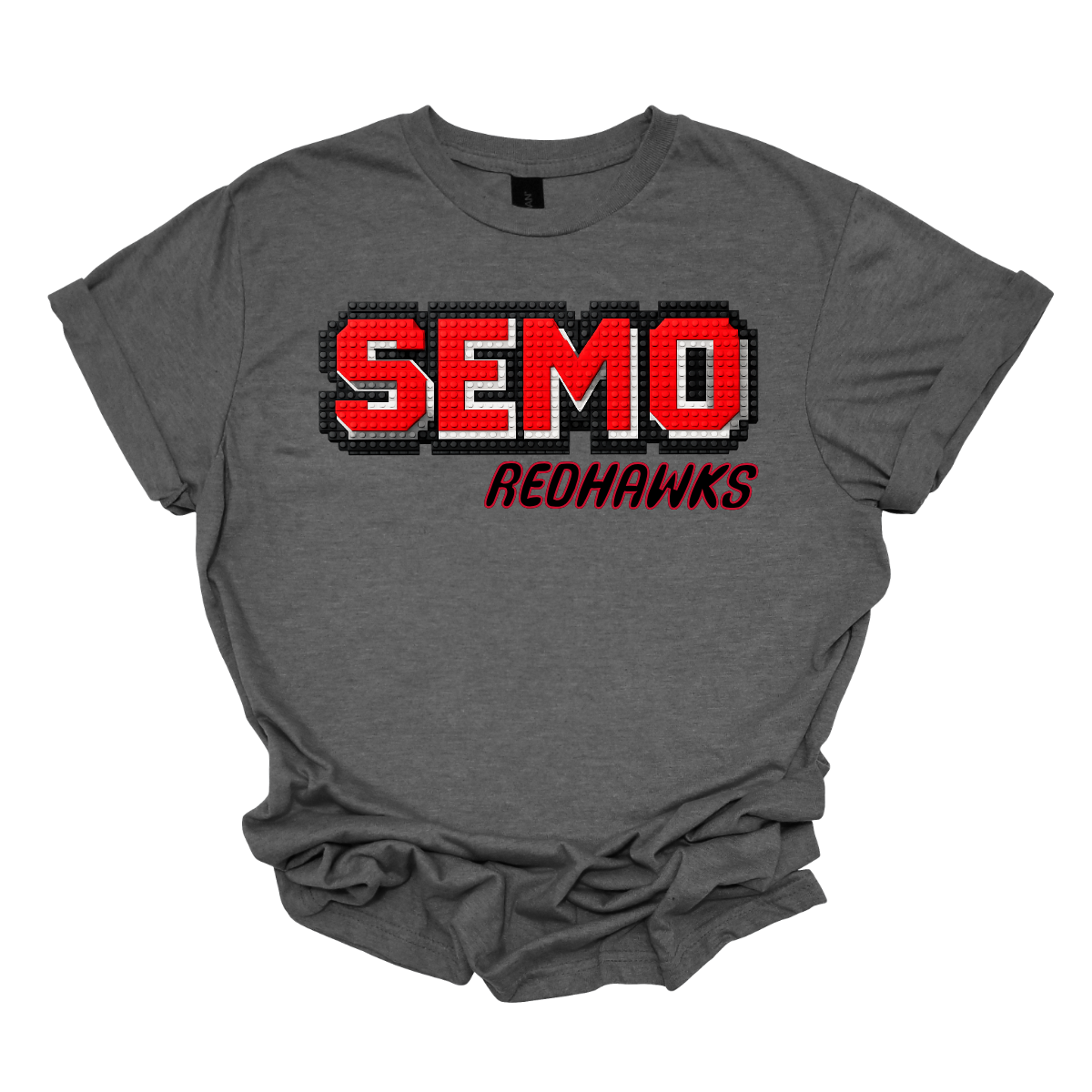 Gray t-shirt with red and black 'SEMO Redhawks' text on a white background