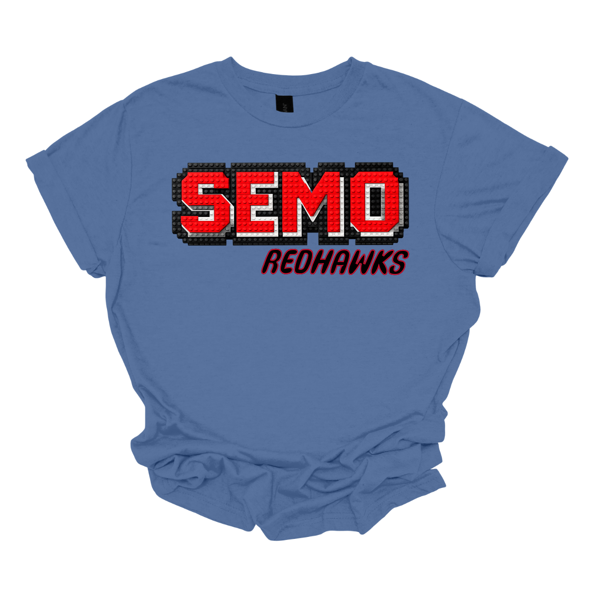 Blue t-shirt with 'SEMO Redhawks' text on a white background