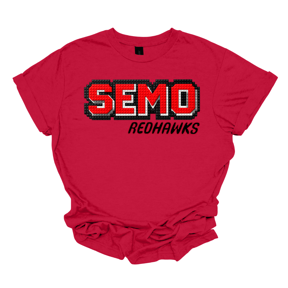 Red t-shirt with 'SEMO Redhawks' text on a white background
