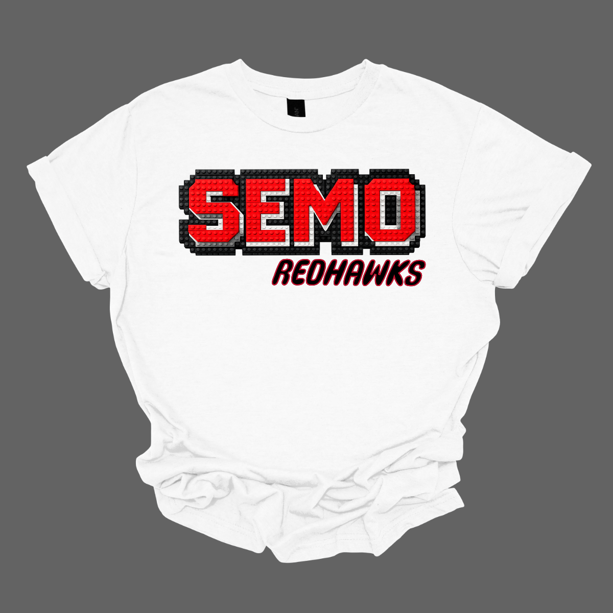 White t-shirt with 'SEMO Redhawks' text on a gray background