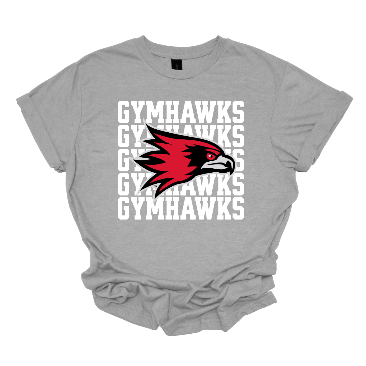 Gray t-shirt with red and black hawk logo and 'GYMHAWKS' text on a white background