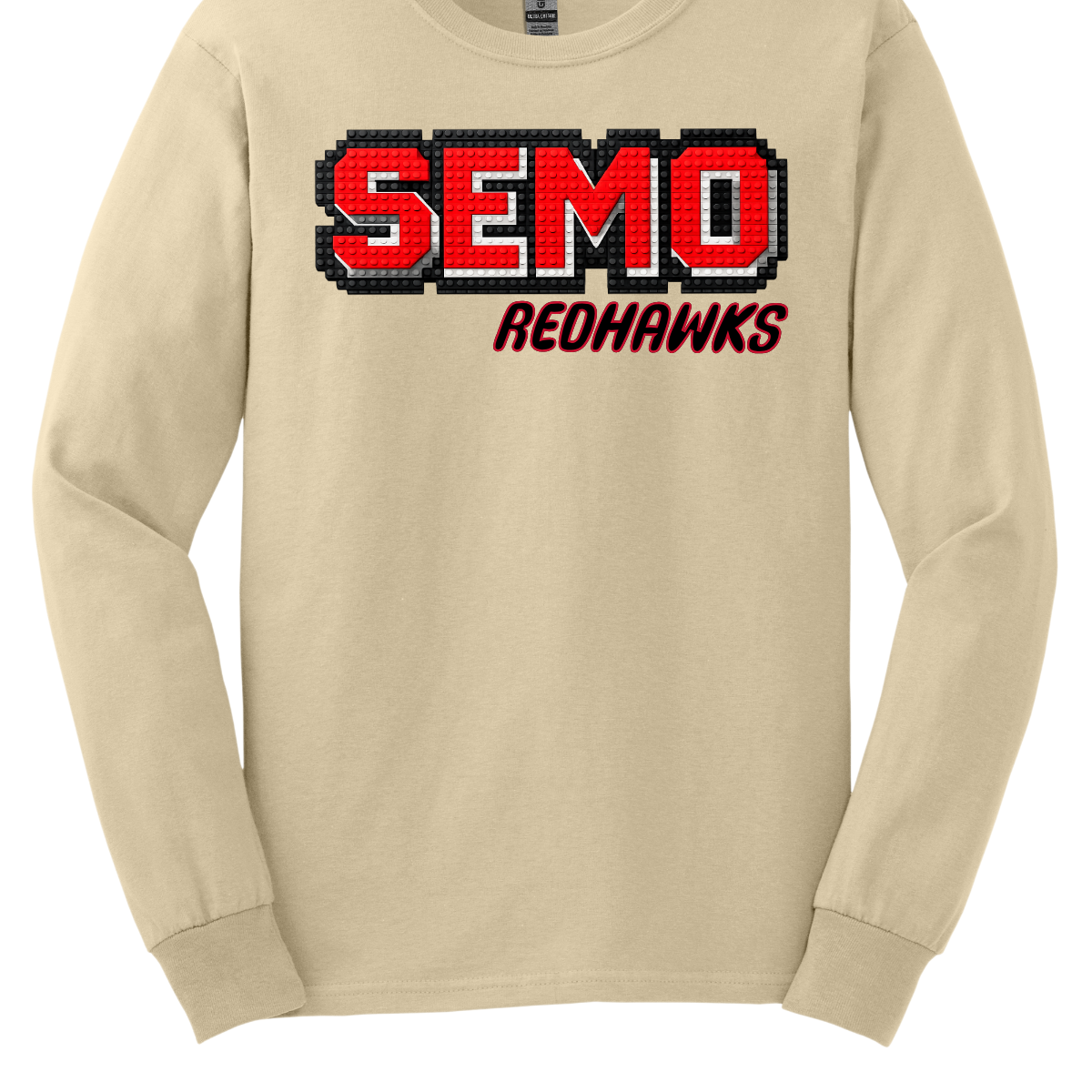 Beige long-sleeve shirt with 'SEMO Redhawks' text in red and black on a white background