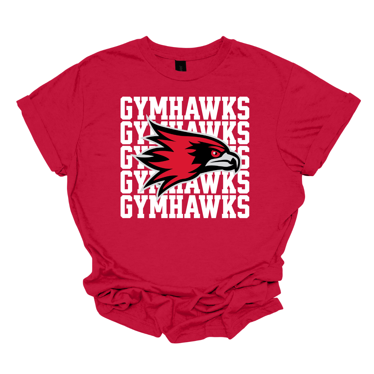 Red t-shirt with 'GYMHAWKS' text and hawk logo on a white background