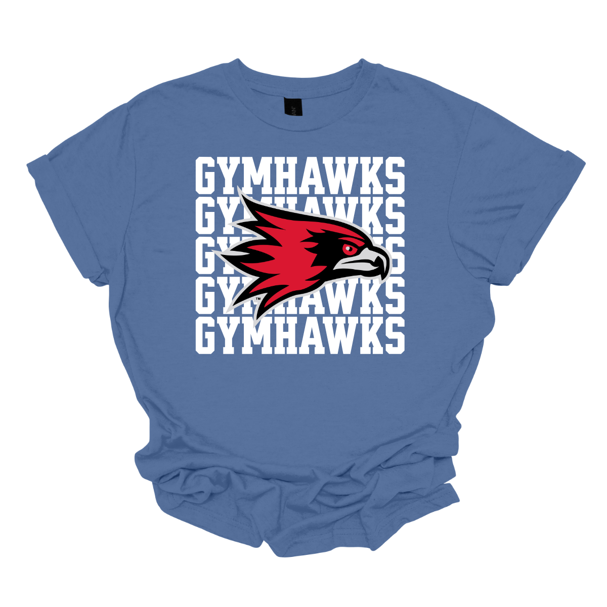 Blue t-shirt with red and white hawk logo and 'GYMHAWKS' text on a white background