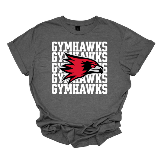 Gray t-shirt with red and white hawk logo and 'GYMHAWKS' text on a white background