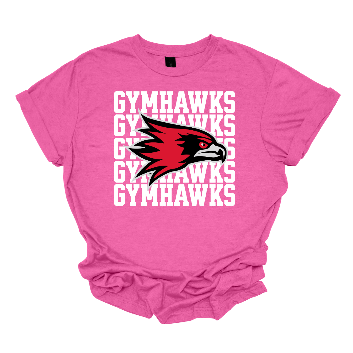 Pink t-shirt with 'GYMHAWKS' text and hawk logo on a white background