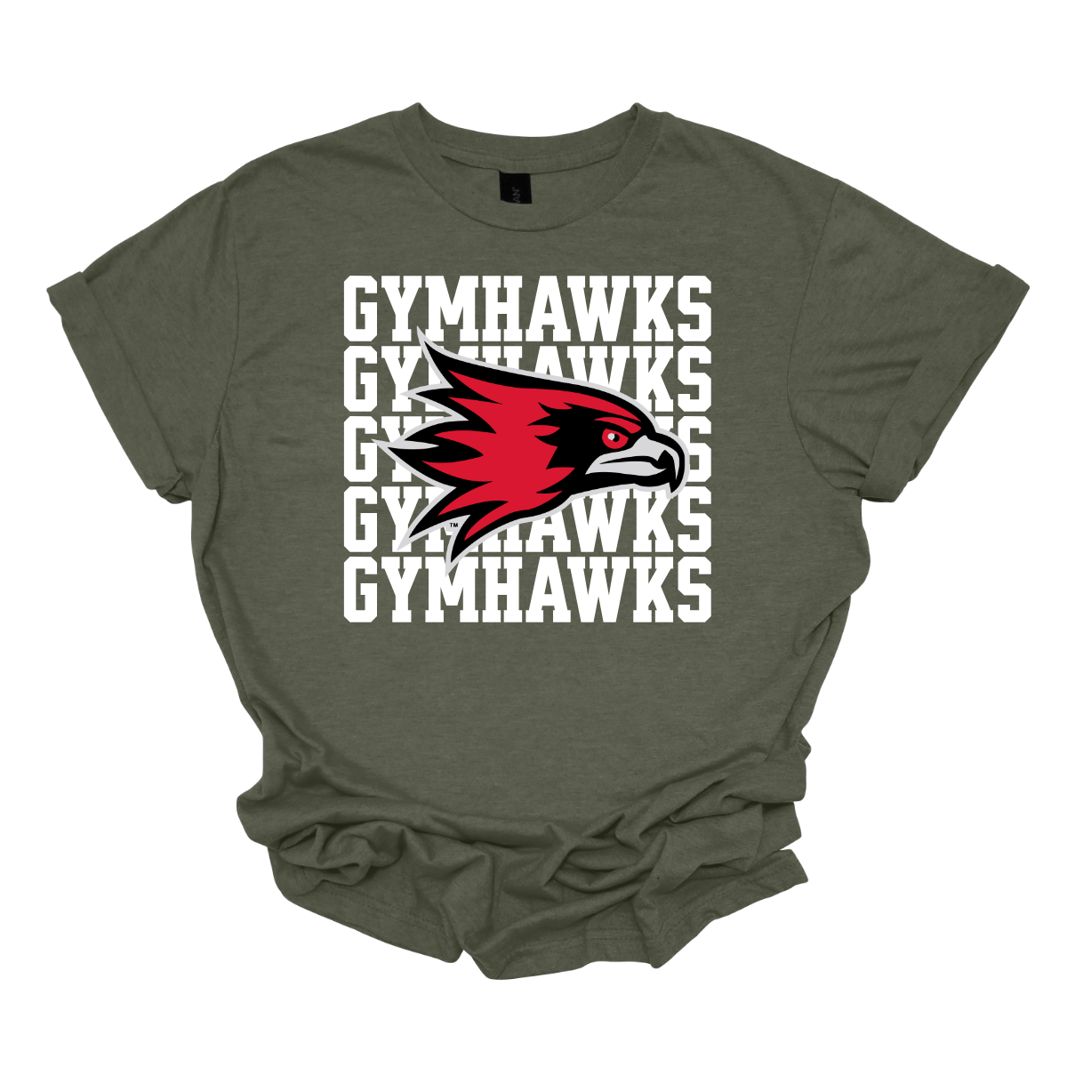 Green t-shirt with red and white hawk logo and 'GYMHAWKS' text on a white background