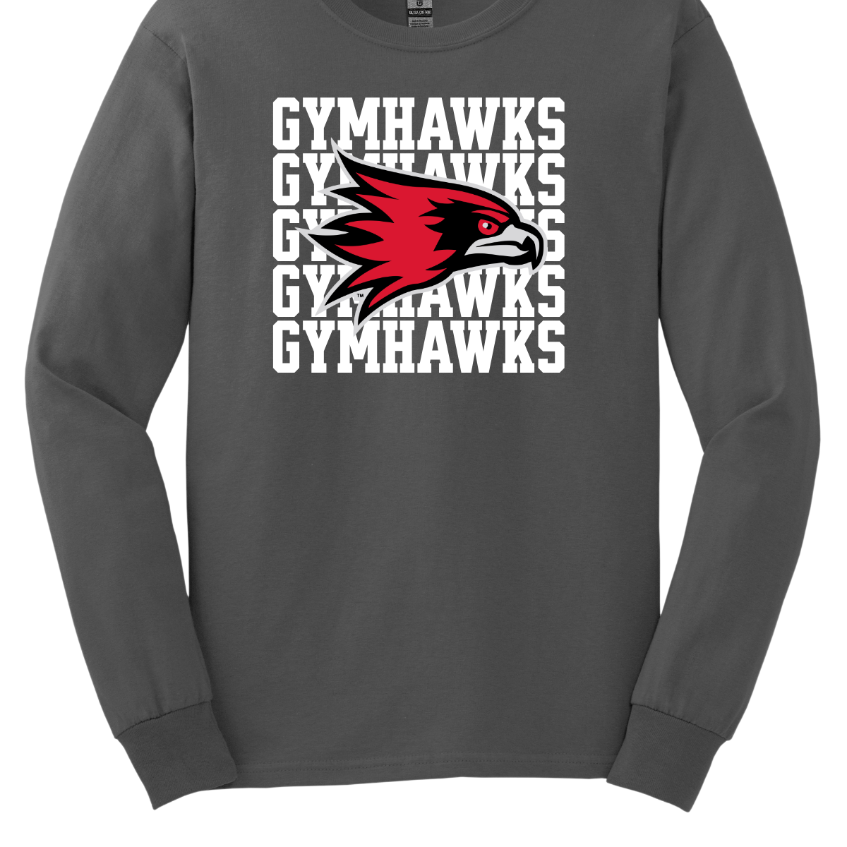 Gray long-sleeve shirt with 'Gymhawks' text and logo on a white background