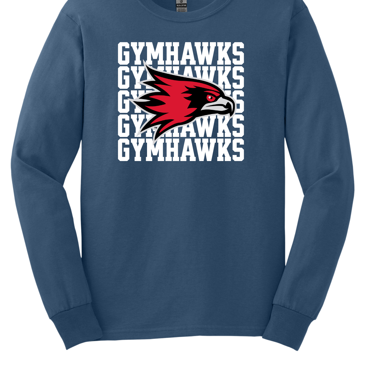 Blue long-sleeve shirt with 'GYMHAWKS' text and red and black hawk logo on a white background