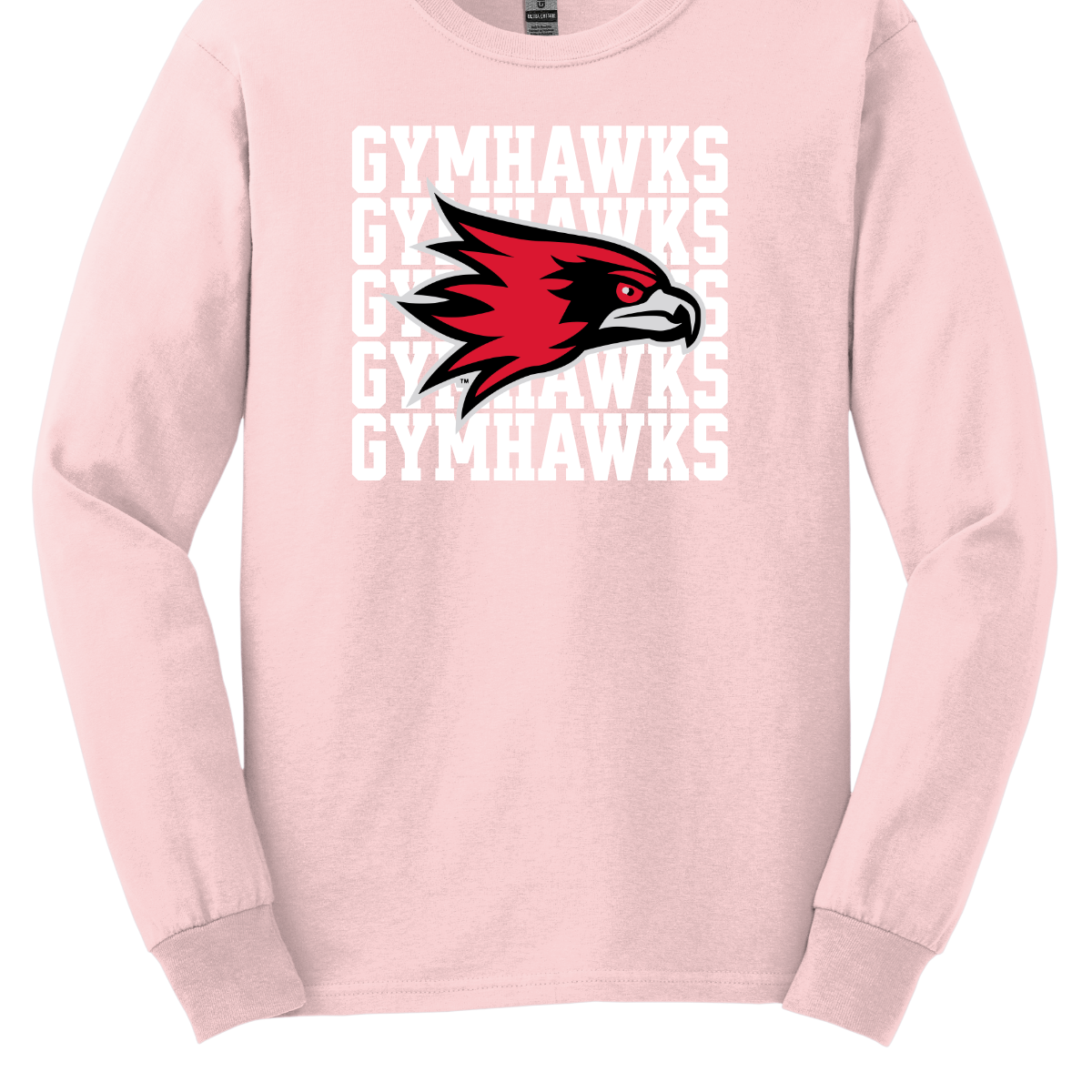 Pink long sleeve with 'Gymhawks' text and logo on a white background