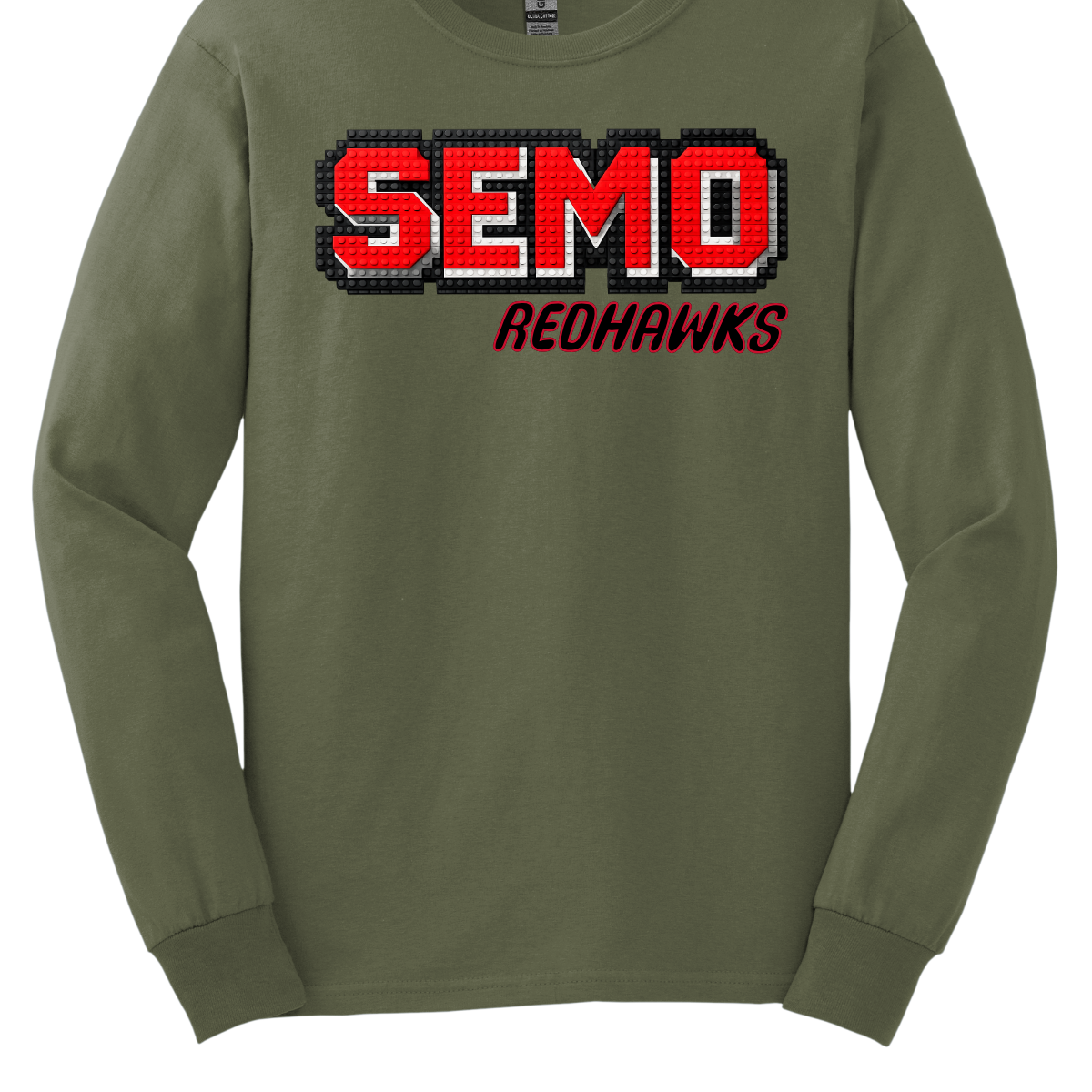 Green long-sleeve shirt with 'SEMO Redhawks' text on a white background