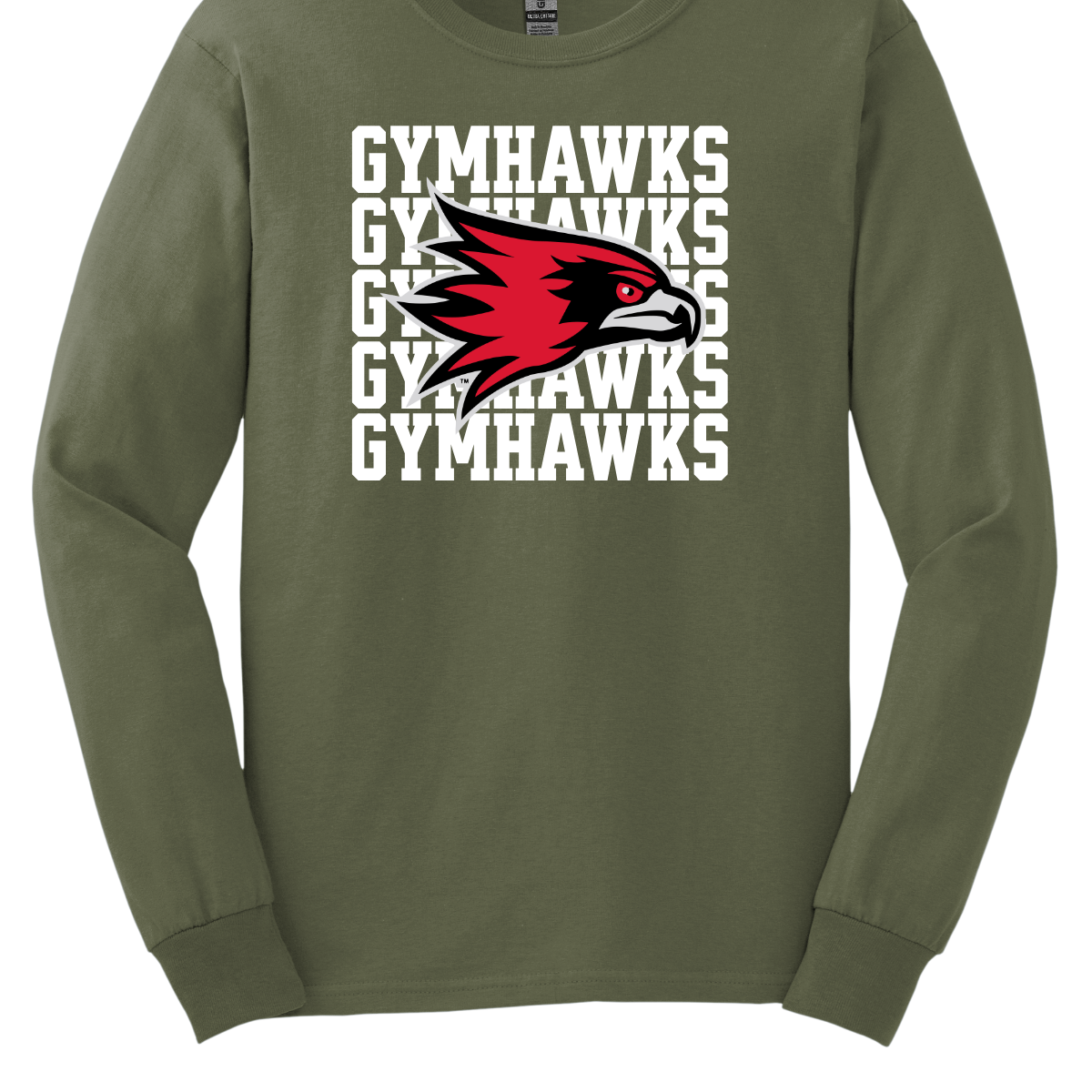 Green long-sleeve shirt with 'GYMHAWKS' text and red and black hawk logo on a white background